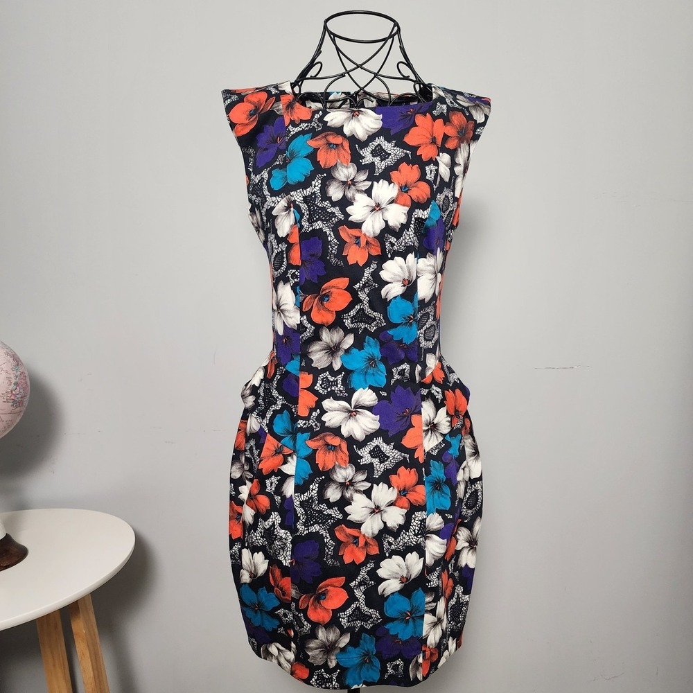 French Connection Floral Lace Print Peplum Sheath Dress Multicolor Size 2